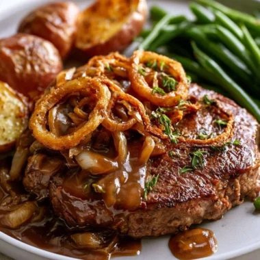 Traditional Zwiebelrostbraten served on a plate with onions and herbs