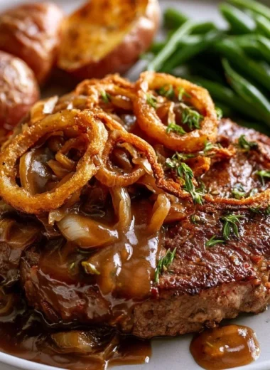 Traditional Zwiebelrostbraten served on a plate with onions and herbs