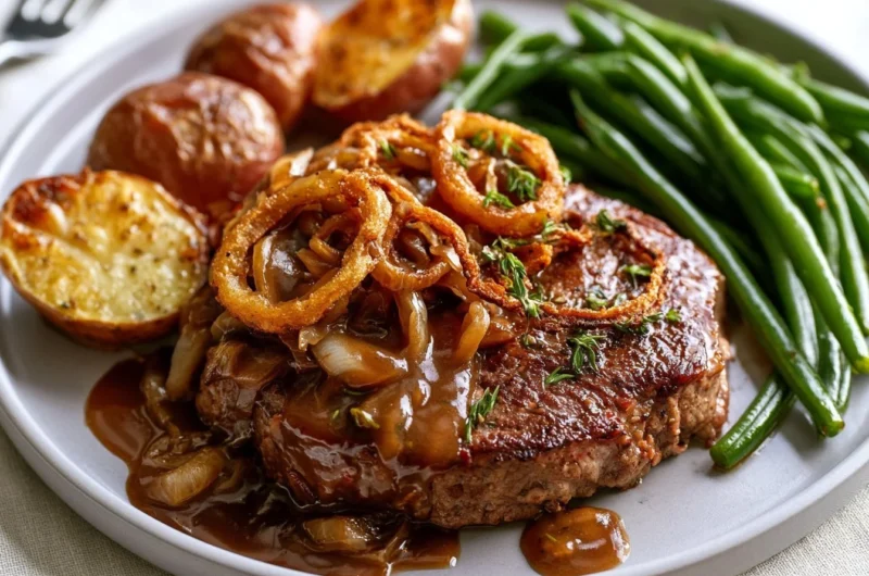 Traditional Zwiebelrostbraten served on a plate with onions and herbs