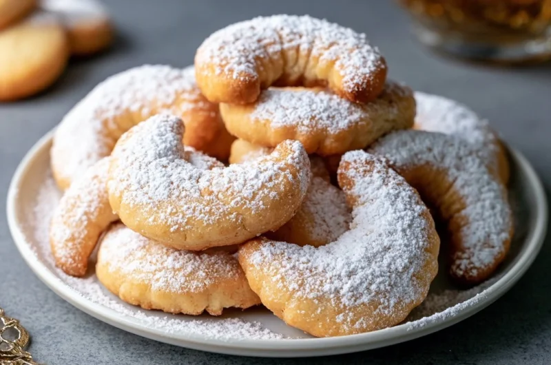Delicious Vanillekipferl cookies dusted with powdered sugar on a plate.