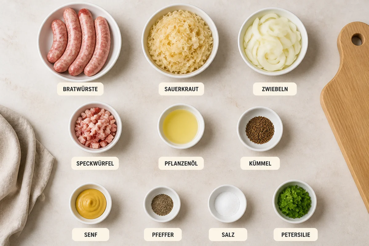 Herzhafter deutscher Bratwurst- und Sauerkrautpfanne